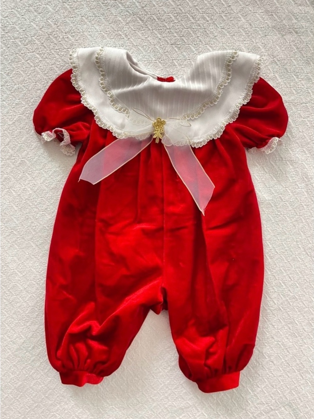 Piccolo Vintage Red Velvet Romper with Lace Bib Collar Lace Embroidered Details